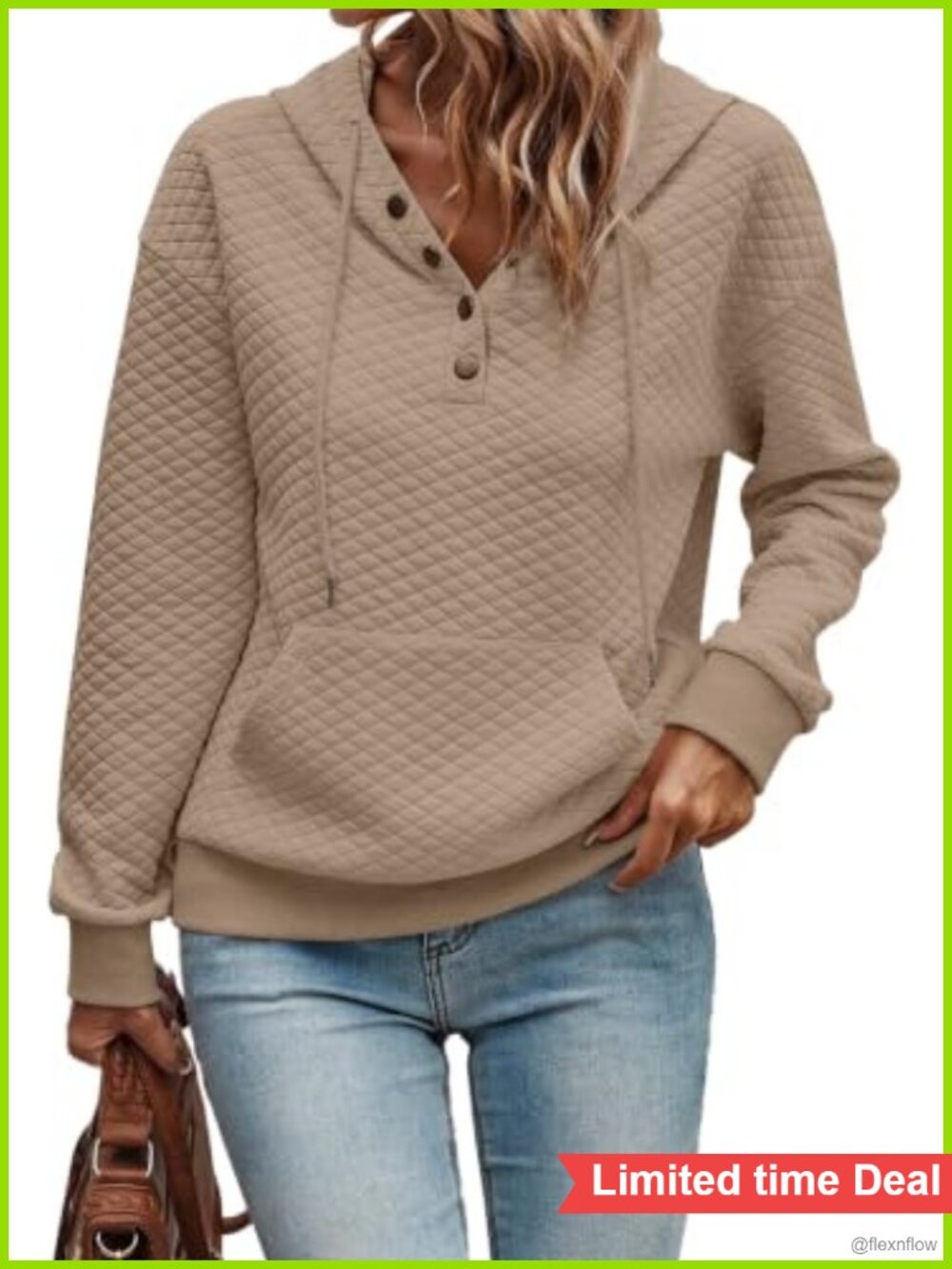 Women's Quilted Half Button Drawstring Hoodie Long Sleeve Pullover
